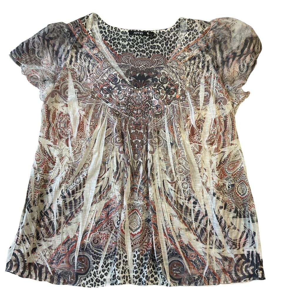 Apt. 9 Women Blouse 1X Tan Multicolor Animal Print Paisley Sheer Beaded V-Neck